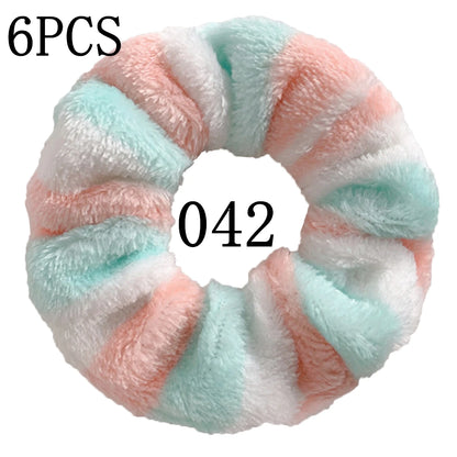 6pc Hair Scrunchies Furry Elastic Band Women Girl Ponytail Holder Rubber Ties Accessories Plush Faux Fur Soft Chiffon Headband