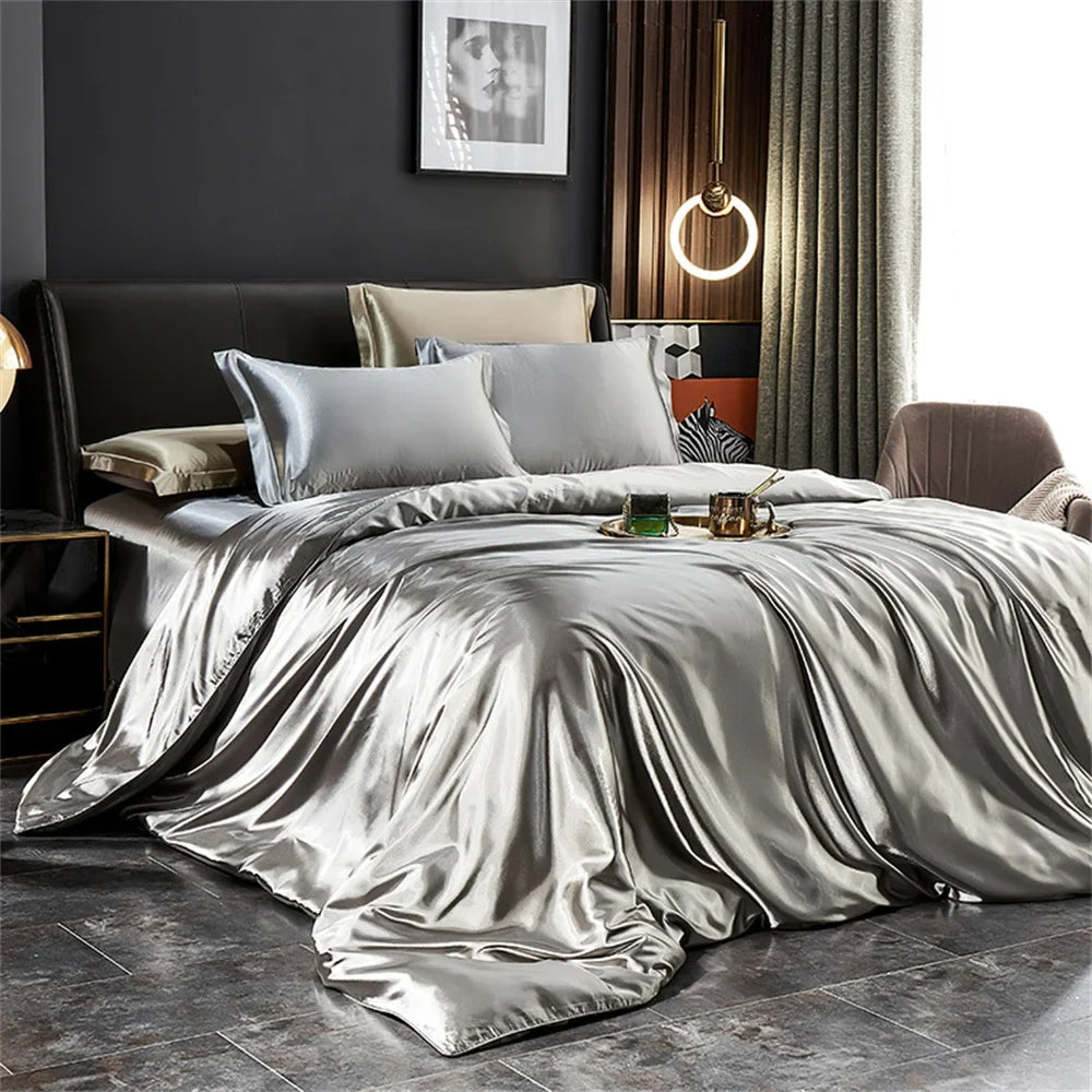 Solid Silk Bedding Set with Duvet Cover Bed Sheet Pillowcases Luxury Satin Single Double Bedsheet King Queen Twin Size.