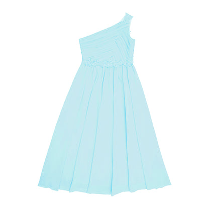 Mädchen Hochzeit Brautjungfer Kleid One Shoulder Elegante Guipure-Spitze Geraffte Chiffon Maxi Party Kleider Geburtstag Abend Abendkleid.