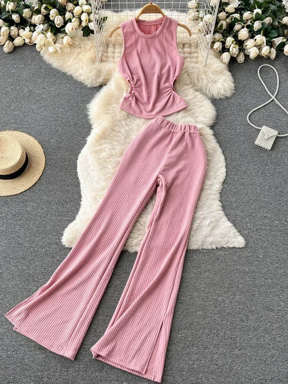 Korean Suits Women's Two Piece Set Summer Slim Fit Sleeveless O-neck Tops High Waist Slits Trousers Two-piece Suit Female D1109.