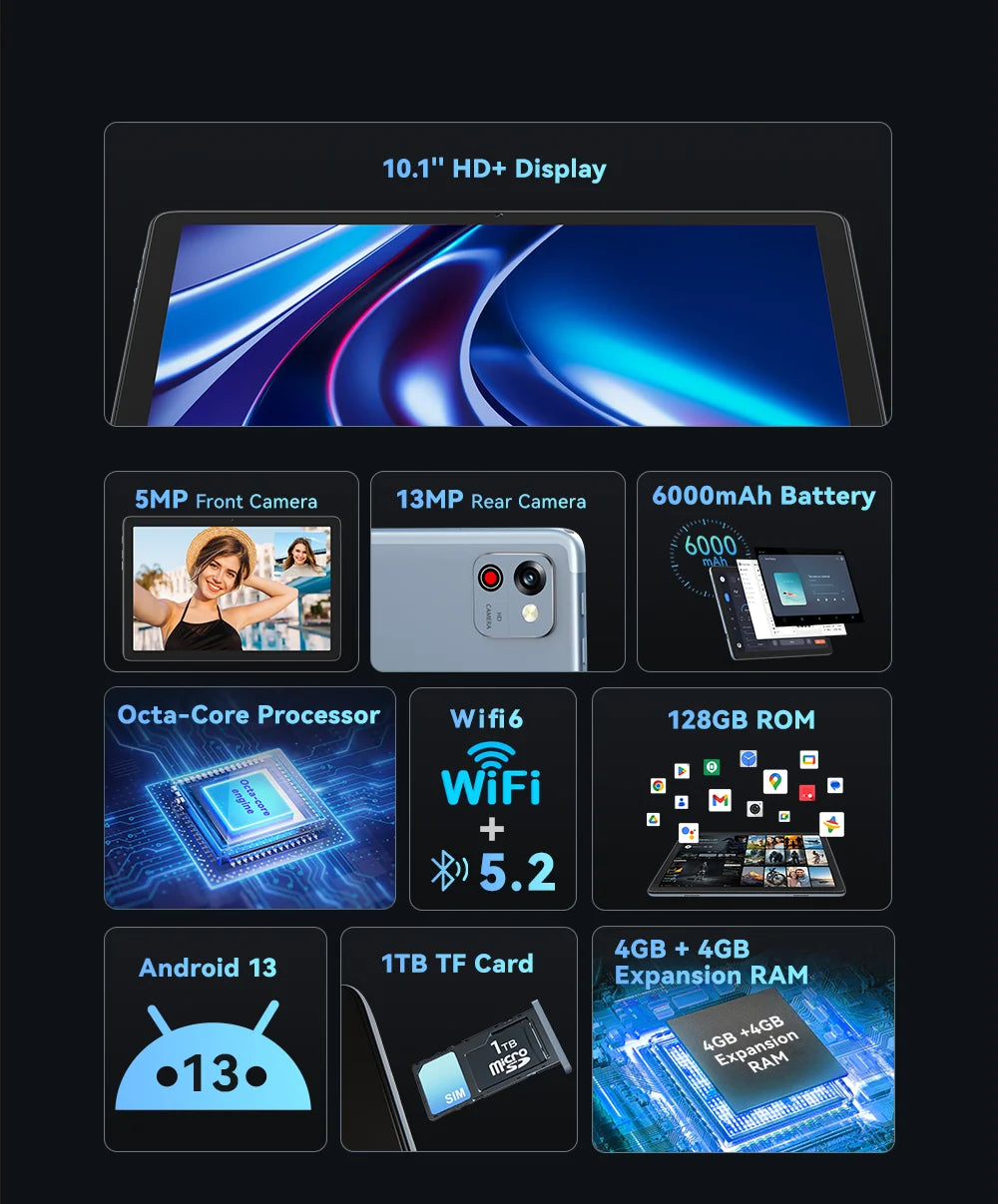 Cubot TAB 60, 2024 New Android Tablet, Octa-Core, 8GB RAM (4GB+4GB), 128GB ROM, 10.1-Inch HD+ Screen, 6000mAh, OTG, WiFi 6.