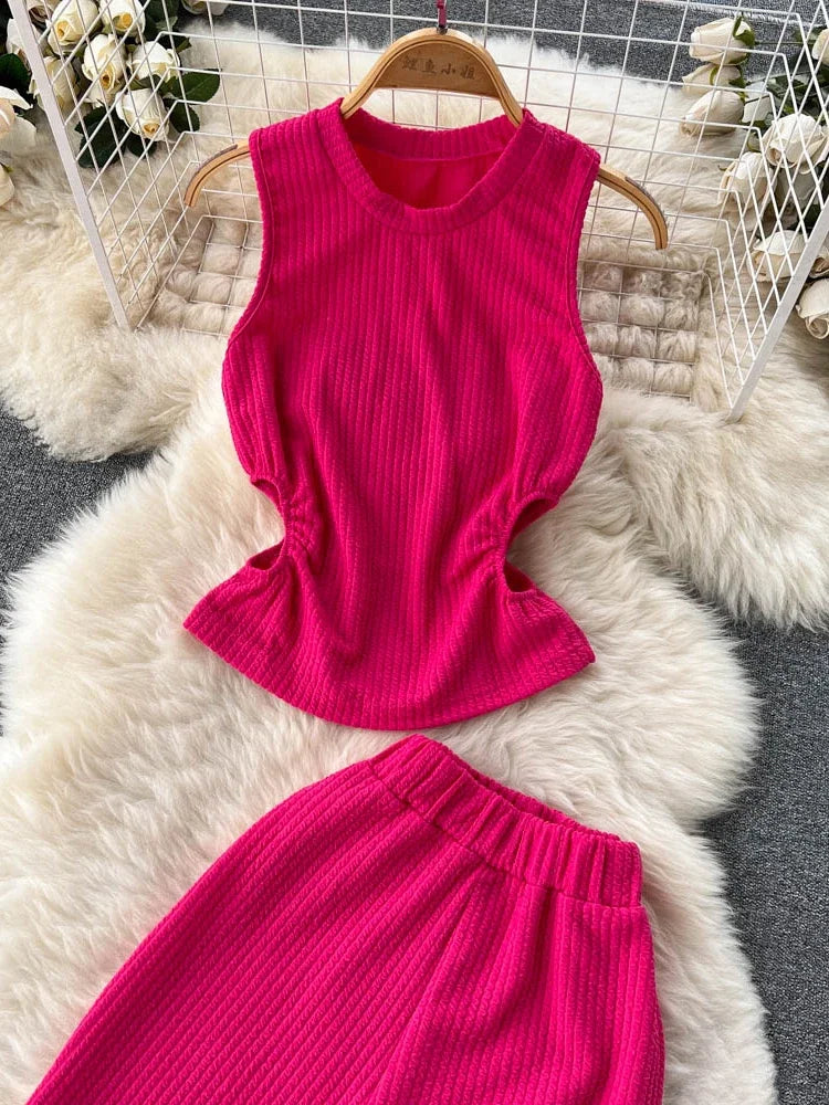 Korean Suits Women's Two Piece Set Summer Slim Fit Sleeveless O-neck Tops High Waist Slits Trousers Two-piece Suit Female D1109.