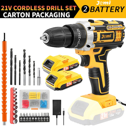 Jemi Tool 12 V/21 V Akku-Bohrschrauber, 45 Nm Schlagbohrmaschine, 25+3 Drehmomenteinstellung, mit 45 optionalen Zubehörteilen