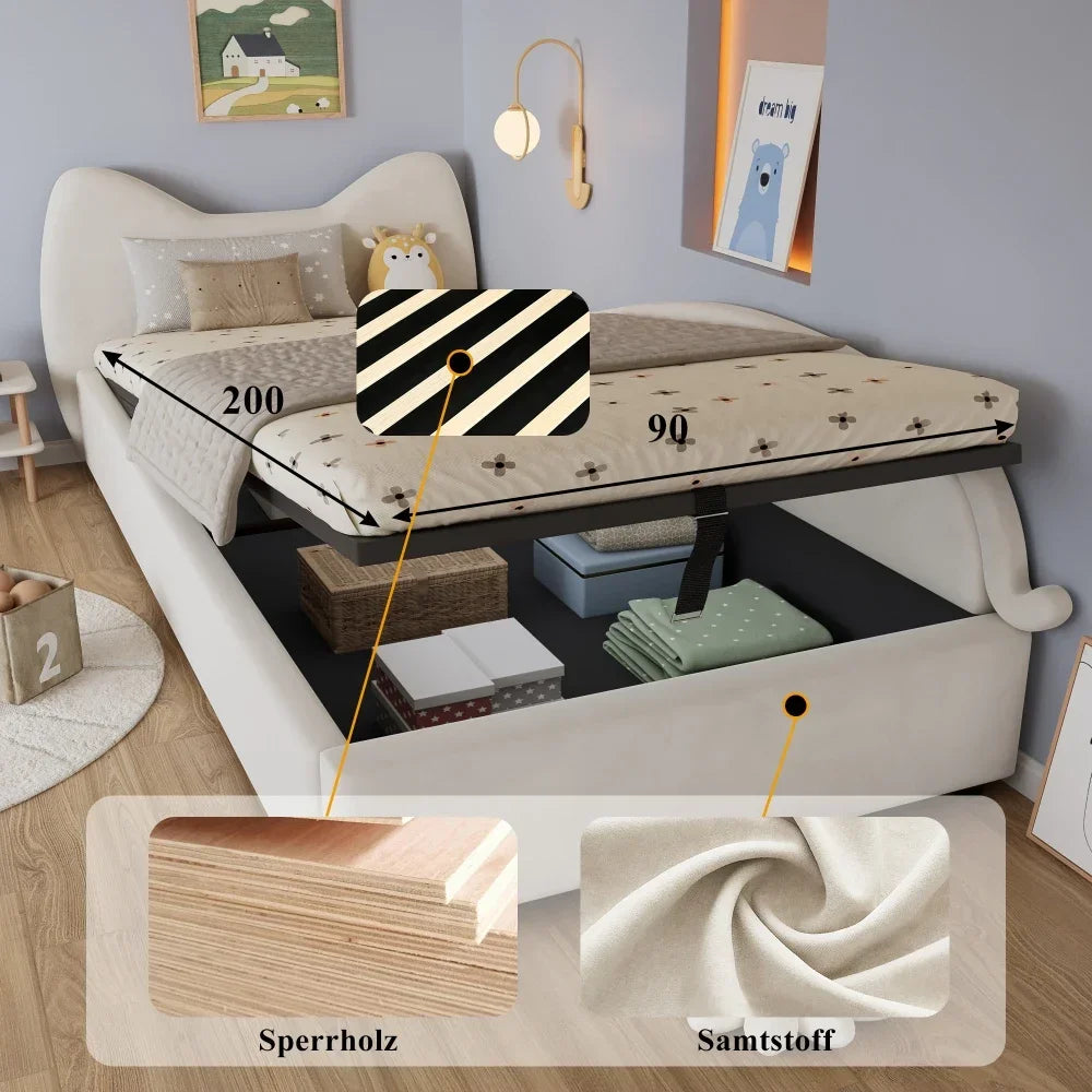 Polsterbett, Einzelbett, süßes Katzendesign, hydraulisches Bett mit Stauraum und Gürtelgriffen, stabiler Gitterrost, 90 x 200 cm