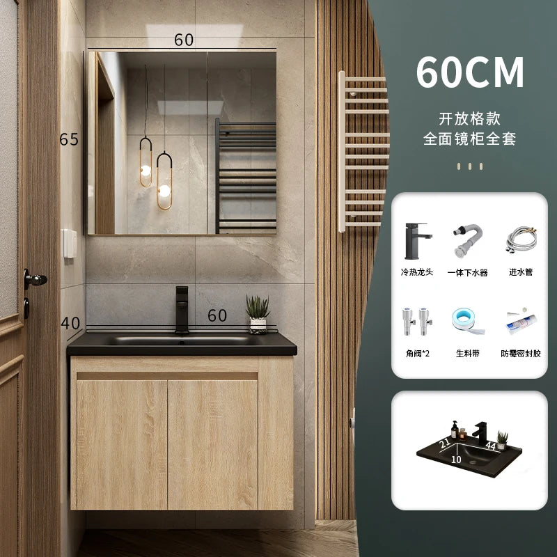 Leichter Luxus-Badezimmerschrank-Kombination, Badezimmer-Waschbecken, Gesichtswaschbecken, Toilettenholz, Waschbecken aus Keramik, integriertes Waschbecken im japanischen Stil