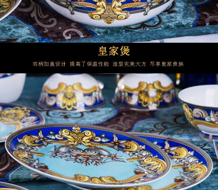 Luxury Blue Ocean Bone China Dishes Plates Western Clubhouse Upscale Heart Of The Sea Ceramic Tableware Decorative Plate.