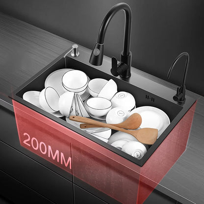 Stainless Steel Sink Kitchen Single Bowl Sink 50 x 45 cm Matte Black with Pipe & Soap Dispenser