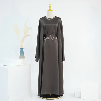 Ramadan Muslim Women 2 Piece Set with Chain Party Dresses Abaya Eid Jalabiya Sashes Diamond Morocco Dubai Kaftan Cardigan Robe