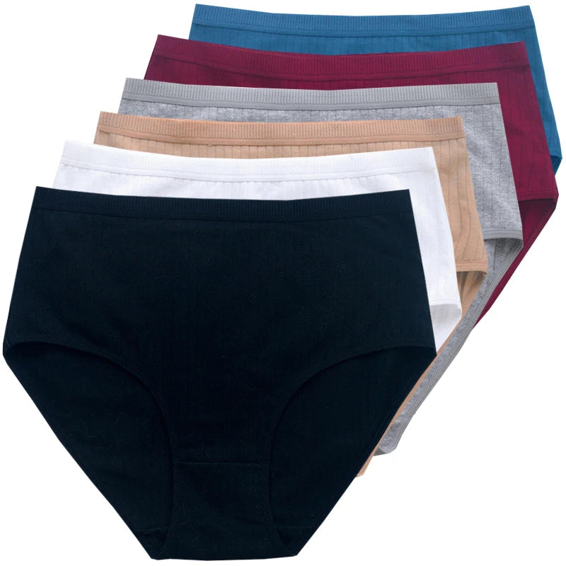 6pcs Cotton Women Panties Lady Plus Size Underwear High Waist Briefs Breathable Solid Color Female Lingerie Shorts.