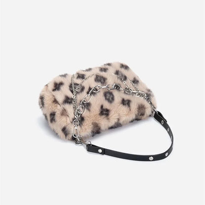 New Faux Fur Leopard Shoulder Bag Women's Autumn Winter Chain Handbags Ladies Leopard Print Clutch Purses Fluffy Top Handle Bags.