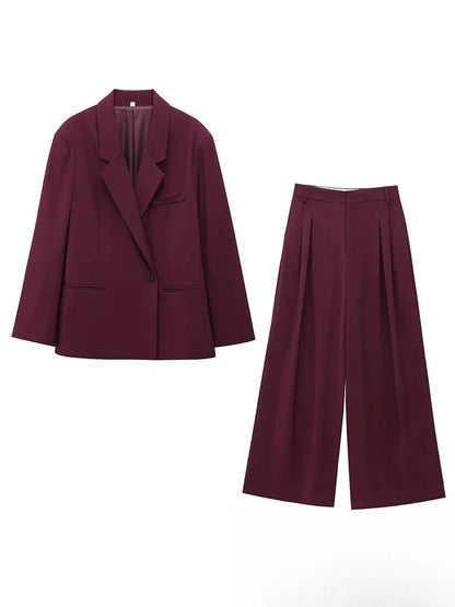 KONDALA Vintage Chic Office Lady Red Solid Women Suit Notched Single Button Pockets Blazer Straight Loose Pants Fashion 2025 Set