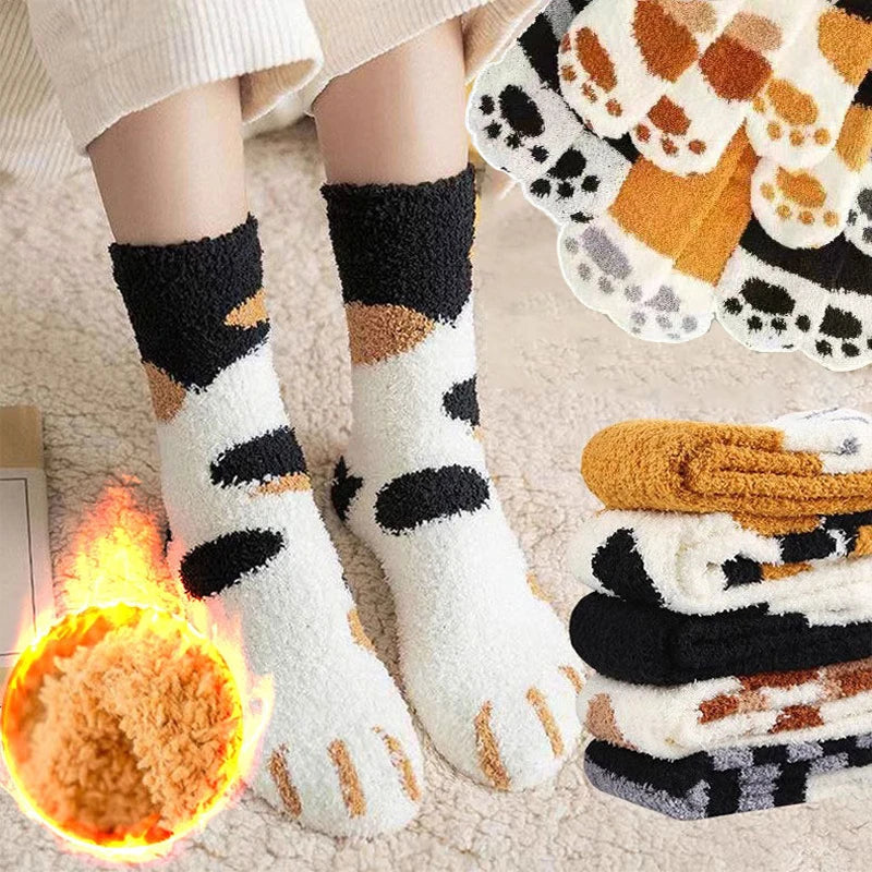 Women Socks Winter Warm Fluffy Socks Cute Animal Claw Cat Paw Footprint Fuzzy Socks Thicken Coral Fleece Home Floor Sleep Socks.