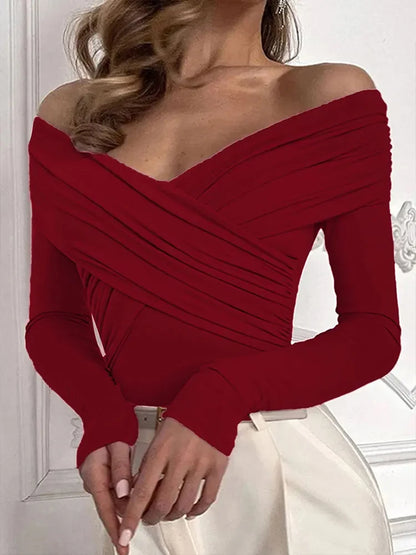 Y2K Women Sexy Off Shoulder Bodysuit Solid Color Long Sleeve Skinny Romper Crossed Folds Fashion Streetwear Autumn