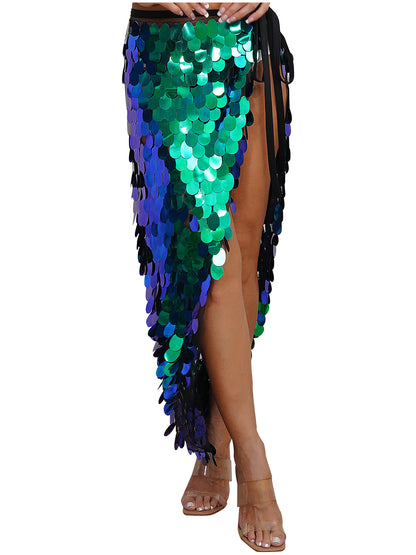 Womens Sequins Dance Skirt Lace-Up Mermaid Hip Scarf Wrap Long Belly Dance Hip Skirt Festival Dance Stage Performance Costumes