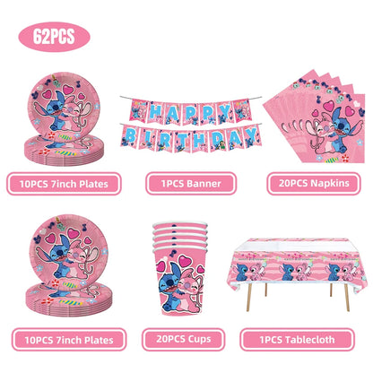 Disney Rosa Stich Geburtstag Party Dekorationen Mädchen Einweg Geschirr Ballon Kuchen Topper Tischdecken Liefert Baby Dusche