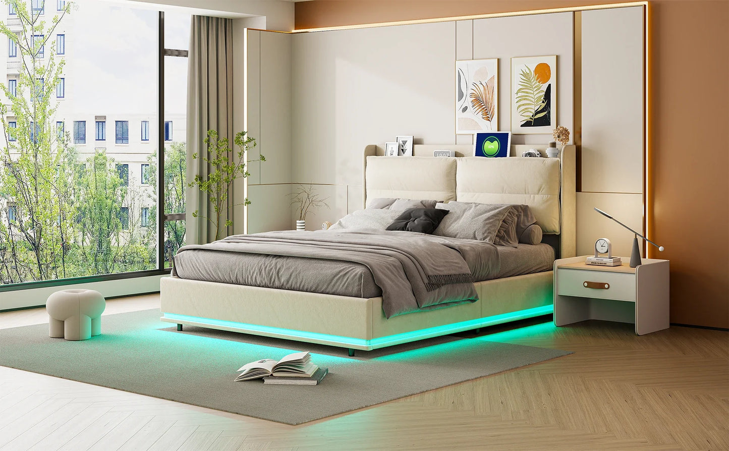 Lazyspace gepolstertes Doppelbett mit LED-Licht, Bettgestell 160 x 200 cm, Druckbett mit Lattenrost aus Holz, ohne Matratze
