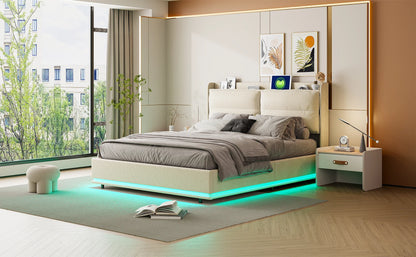 Lazyspace gepolstertes Doppelbett mit LED-Licht, Bettgestell 160 x 200 cm, Druckbett mit Lattenrost aus Holz, ohne Matratze