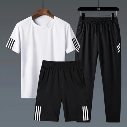 Summer Casual Sports Men's Short Sleeve T-Shirt plus Size Three-Piece Set New Style Long Pants Comfortable Breathable Clothing.