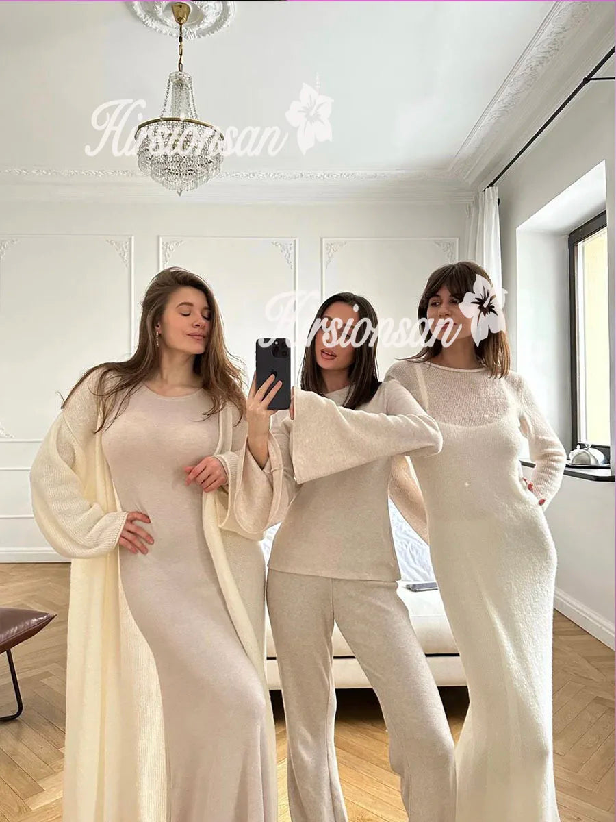 Hirsionsan Frühling Herbst Oansatz Elastische Stricken Lange Kleider Frauen 2024 Elegante Chic Weiche Dame Aushöhlung Pullover Kleider Femme Neue