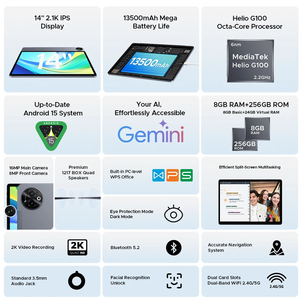 Doogee 2 in 1 Tablet Pc Tab E3 Max Gmini Ai 14" 2.1K Display Android 15 32Gb (8+24) 256Gb 13500Mah Battery Helio G100 Tablet Pc.