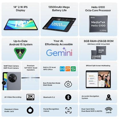 Doogee 2 in 1 Tablet Pc Tab E3 Max Gmini Ai 14" 2.1K Display Android 15 32Gb (8+24) 256Gb 13500Mah Battery Helio G100 Tablet Pc.