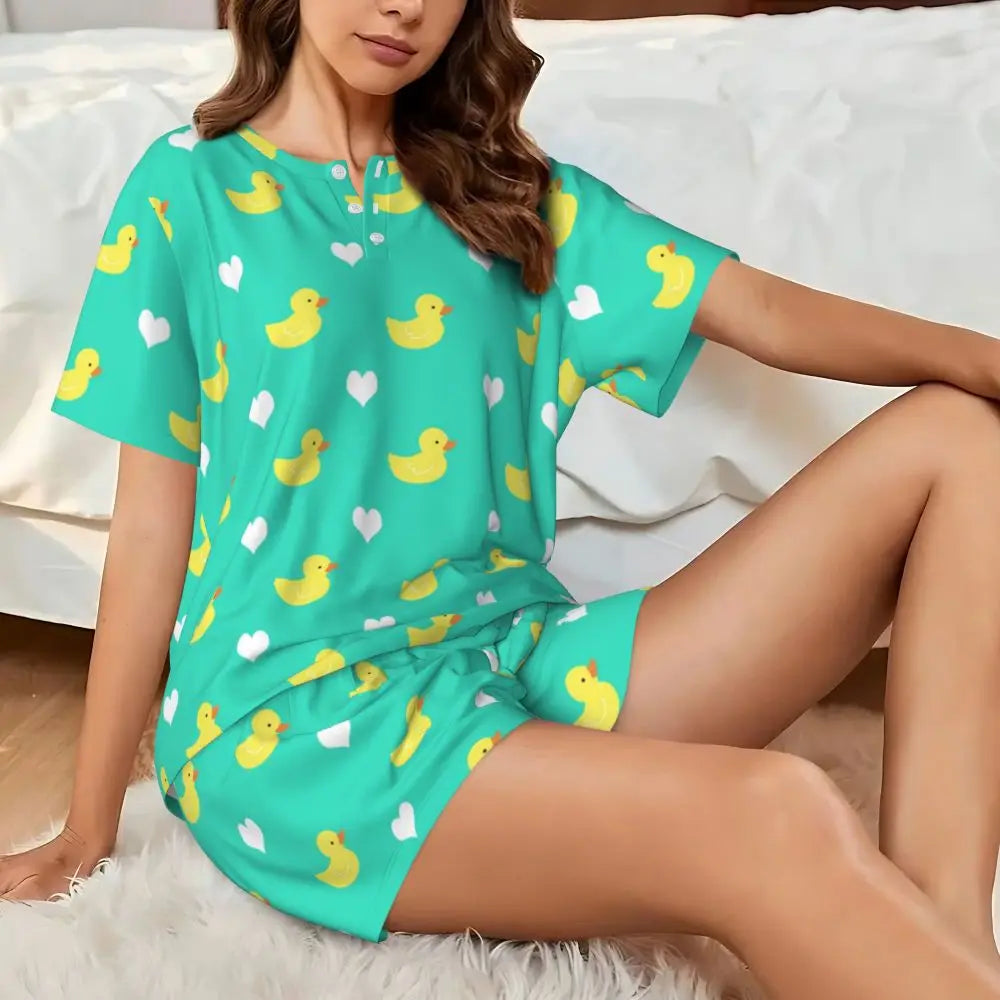 Benutzerdefinierte Frauen Gelb Klassische Gummi Ente Pyjamas Set Gedruckt Zwei-stück Pj Sets Kurzarm Nachtwäsche Loungewear