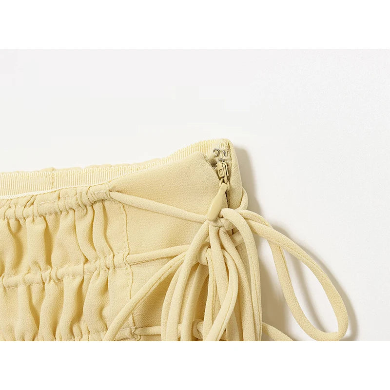 YENKYE New Fashion Side Drawstring High Waist Elegant Yellow Skirt Women Holiday Summer Loose Chiffon Midi Skirts faldas mujer.