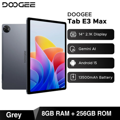DOOGEE Tab E3 Max Tablet PC Android 15 Gemini AI Quad Speakers 14'' 2.1K Display 32GB(8+24) RAM 256GB ROM 13500mAh Battery Pad