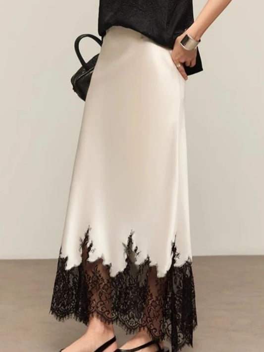Mia Girl Elegant Satin Long Skirts for Women Oversize Lace Patchwork High Waist A-line Skirt French Style Summer Chic Lady Skirt.