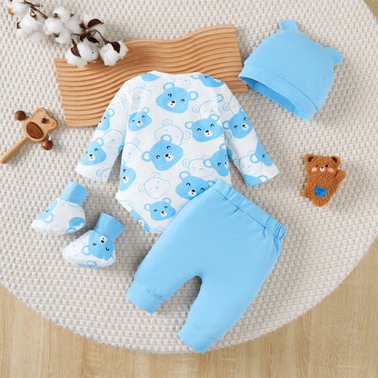 Newborn Baby boy Set Little bear Long sleeved Jumpsuit+Long Pants+Hat+Socks 4Pcs/Set 0-9 Month Baby boy Spring and Autumn Set.