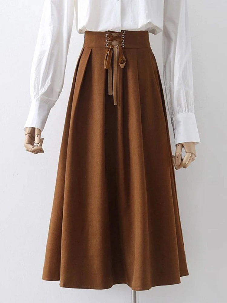Preppy Style Vintage Long Skirts Women High Waist Sweet Loose A Line Skirt Lace Up Retro Fall Winter Female Elegant Long Skirts
