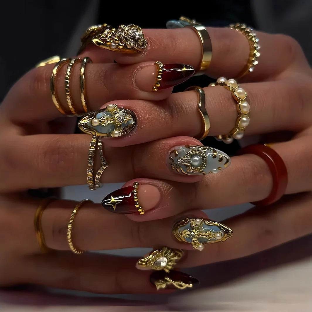 24Pcs Short Almond Fake Nails Butterfly Wings Nail Art with Glue Glitter Flower False Nails Acrylic Autumn Winter Press on Nail.