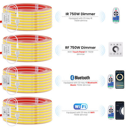 COB LED Strip Dimmable 220V 288LEDs/m Wall Touch Wifi Bluetooth Remote Control Power Kit Waterproof Silicone Tube Adhesive Tape.