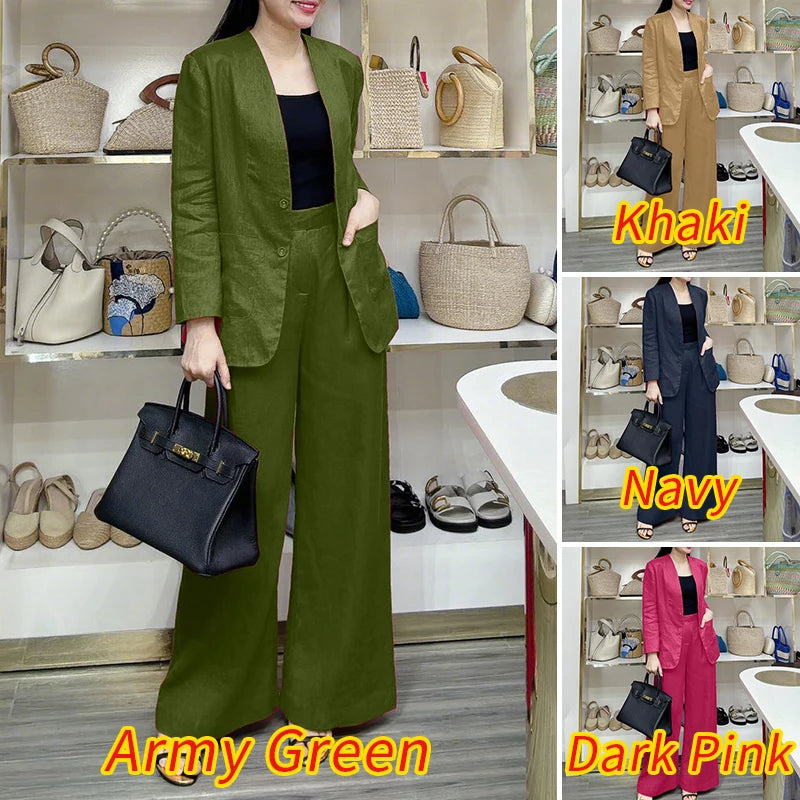 ZANZEA Autumn Fashion 2 Pieces Sets Women V-Neck Long Sleeve Blazer & Wide Leg Pants 2pcs Suits Office Commuting Solid Pant Sets.