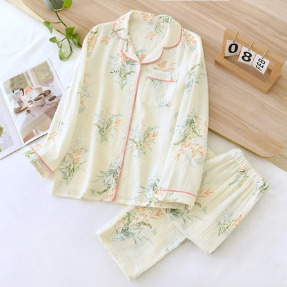 2025 Spring and Autumn Women's Pajama Set 100% Cotton Crepe Long sleeved Pants Two piece Cute and Sweet Home Fury Set Ladies