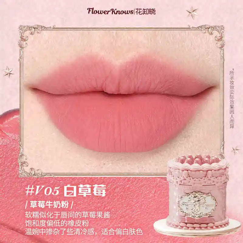 Flower Knows Strawberry Rococo Series Cloud Lip Cream Lip Gloss Long Lasting Velvet Lip Tint Lipstick for Women Cosmetic