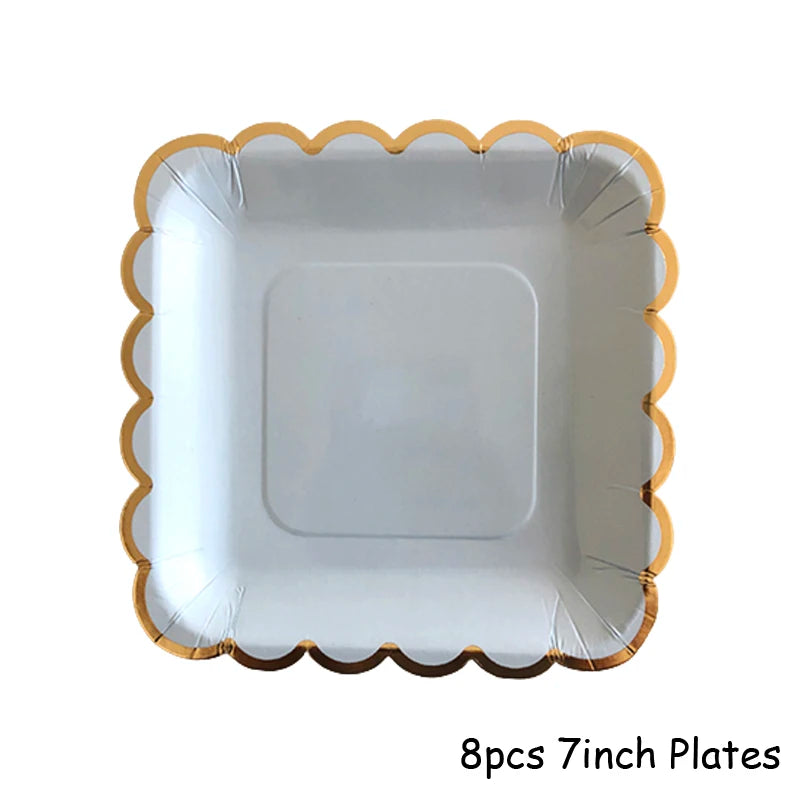 Gold Blue Party Disposable Tableware Paper Straw Cups Plates Napkins Baby Shower Favors Birthday Wedding Decor Party Supplies