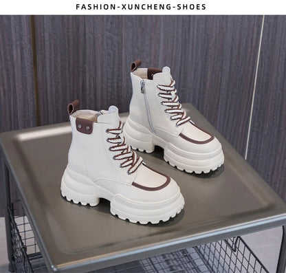 WOIZGIC Women Ladies Mother Genuine Leather Ankle Boots Shoes Lace Up Increase Inside British Style Autumn Winter Plush Fur Warm.