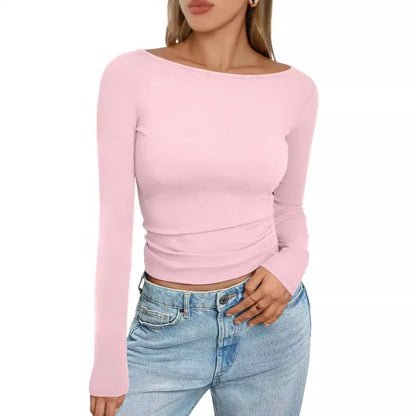Summer Spring Slim-fitting Women's Clothing New One-neck Long-sleeved T-shirt Blouse Top Skinny Solid Color Tee.