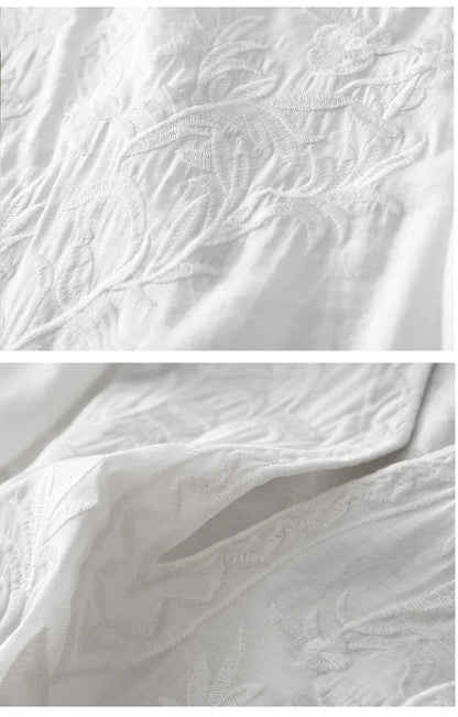 Neuankömmling 2024 Sommer Kunst Stil Frauen Kurzarm V-Ausschnitt lockeres Kleid Vintage Stickerei solide weiße A-Linie lange Kleider.