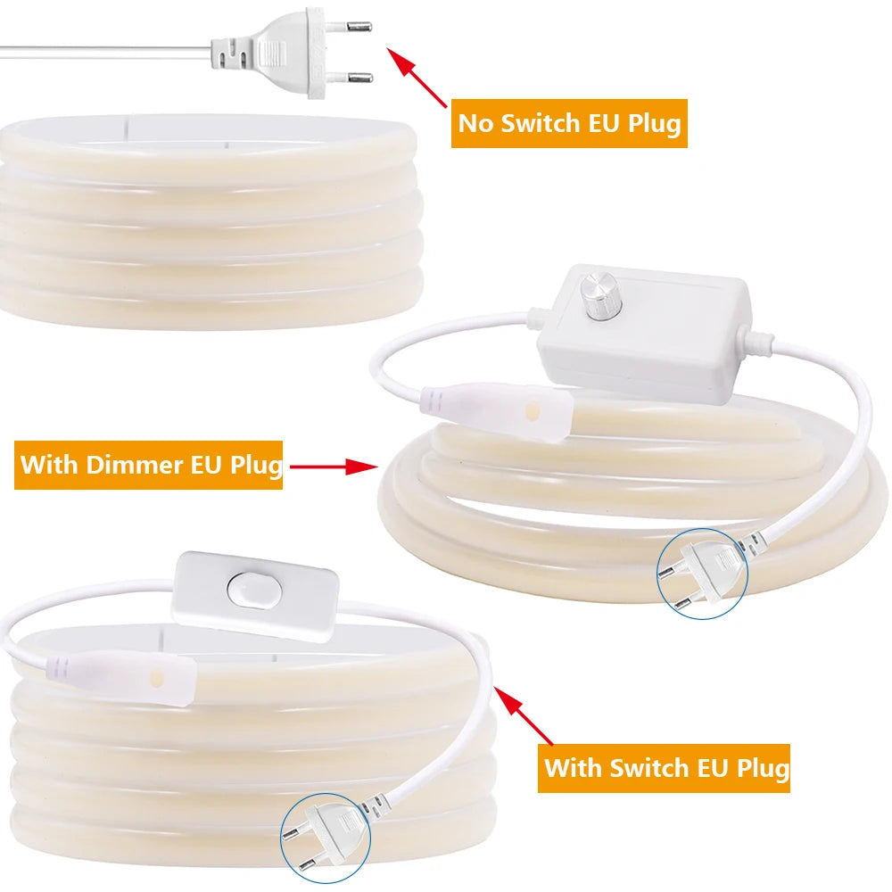 220V Dimmable COB LED Neon Strip Light Dimmer Switch Plug Kit Waterproof 288 LED Flex Tube Lamp Hight Bright Warm/Natural White.