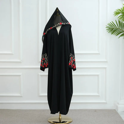 Islamic Clothes Black Flower Embroidery Abayas for Women Dubai Cardigan Muslim Saudi Open Abaya Kimono Luxury Hijab Dress Kaftan