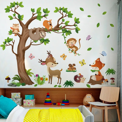 Cartoon tree deer fox monkey sticker for living room kids room decoration self adhesive wall decor.