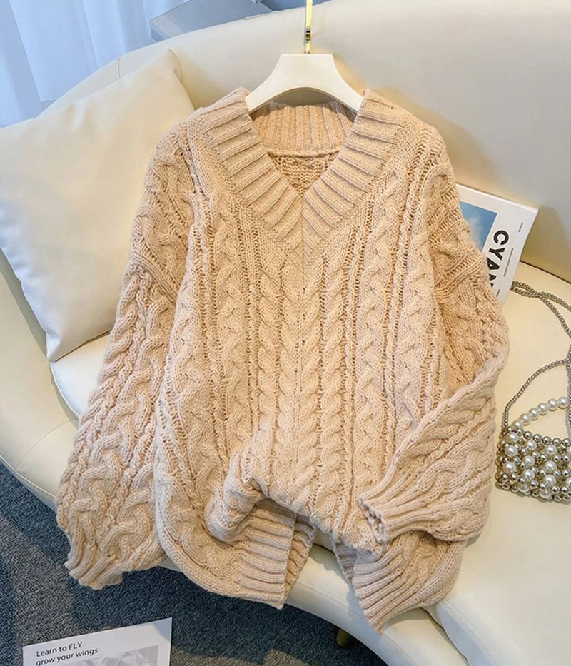 MEXZT Harajuku Pullover Frauen Mode Übergroßen Rosa V-ausschnitt Gestrickte Pullover Koreanische Langarm Strickwaren Winter Casual Jumper.