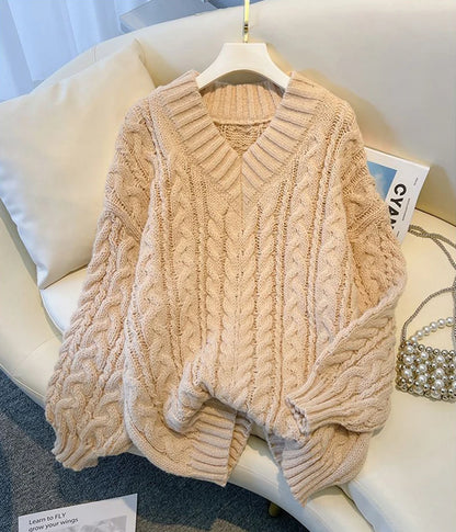 MEXZT Harajuku Pullover Frauen Mode Übergroßen Rosa V-ausschnitt Gestrickte Pullover Koreanische Langarm Strickwaren Winter Casual Jumper.