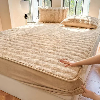 Fluffy Plush Fitted Bed Sheet Solid Color Long Hair Fleece Bed Cover For Double Bed fundas de colchón Winter Warm Mattress Cover.