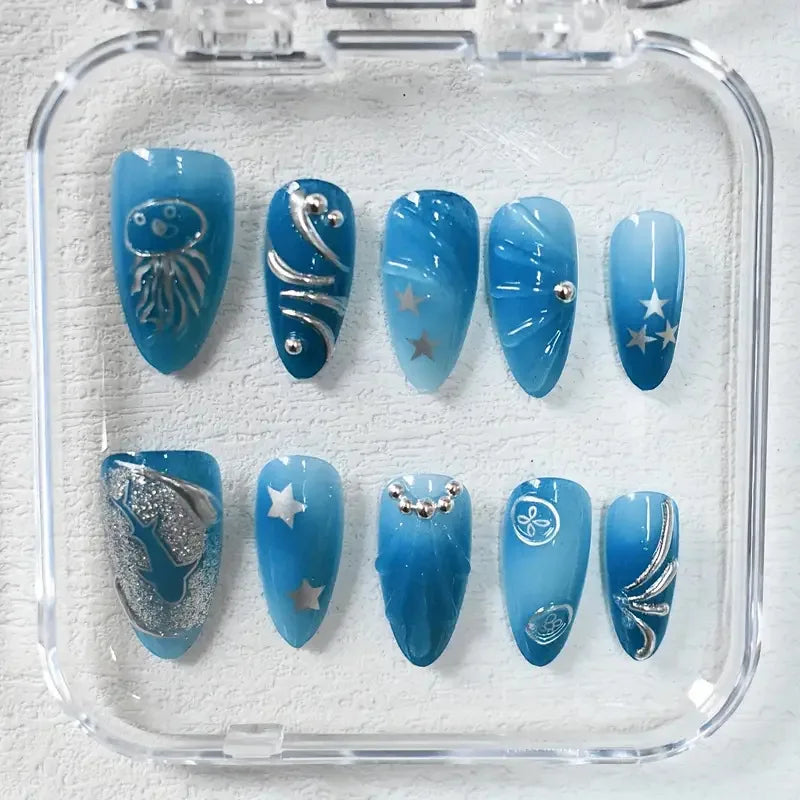10pcs Handmade Press on Nails Cartoon Shark Pattern Design Fake Nails Wearable Detachable Ins Simple Almond Shaped False Nails.