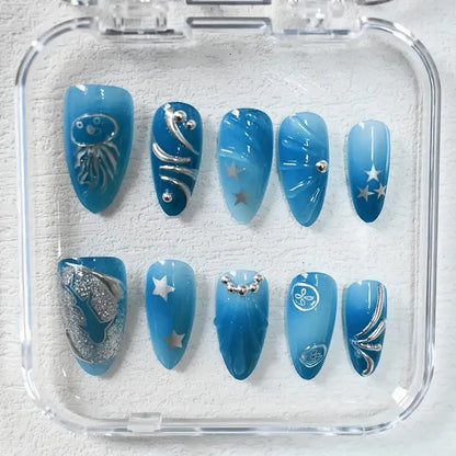 10pcs Handmade Press on Nails Cartoon Shark Pattern Design Fake Nails Wearable Detachable Ins Simple Almond Shaped False Nails.