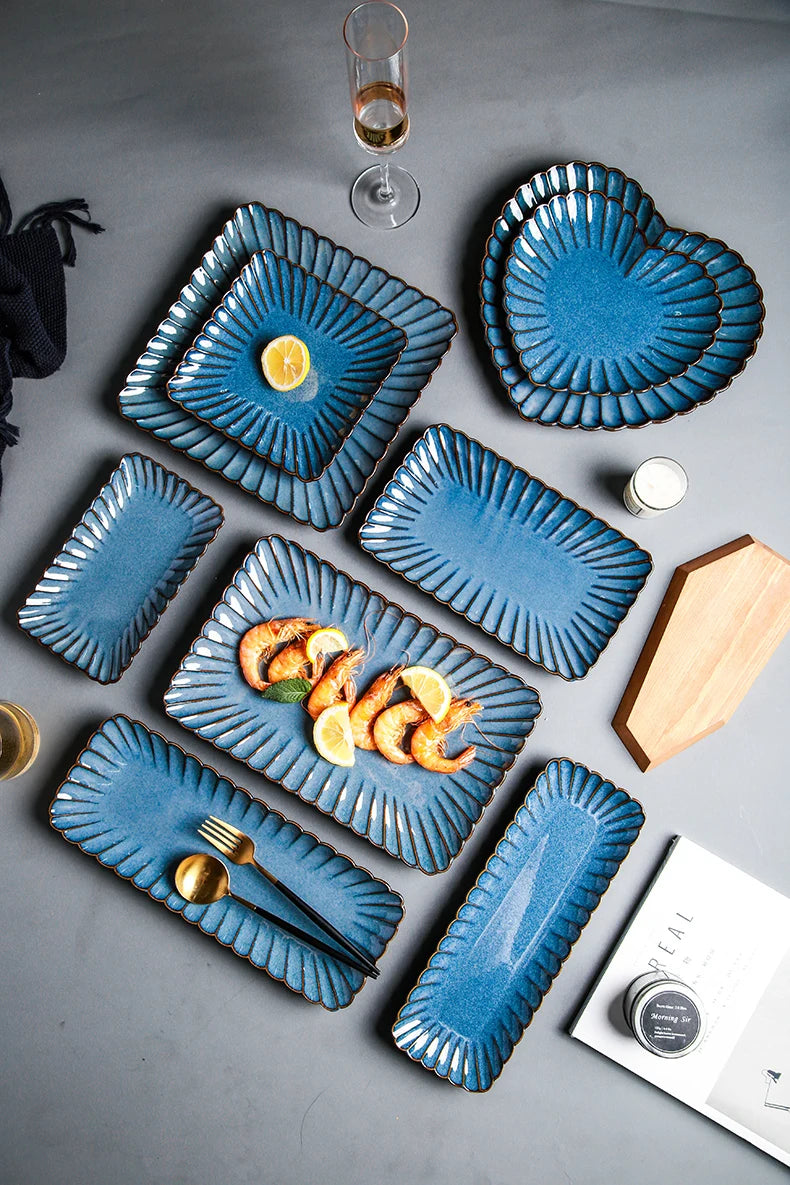 Retro Household Ceramic Tableware Kiln Variable Glaze Western Plate Creative Long Plate Main Dish Dinner Plate Kitchen Supplies.