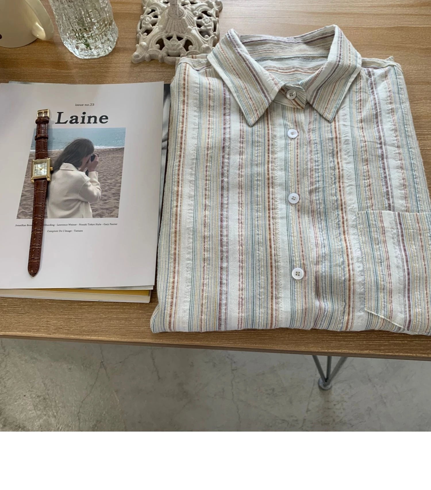 Vintage Office Lady Striped Shirt Spring Pocket Turn Down Collar Tops Korean Style Loose Long Sleeve Blouse Casual Women Clothes.